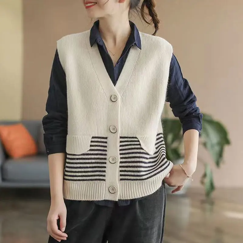 Корейский полосатый вязаный свитер жилет женская одежда однобортный весна-осень