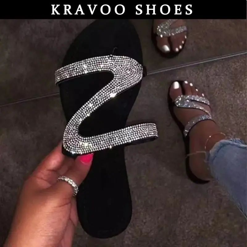 KRAVOO Women Shoes Z-shaped Rhinestone Beach Sandals For Women Flip Flops Slippers Women Plus Size Female Shoes Summer 2023