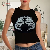 2022 y2k summer clothes womens gothic chinese dragon print graphic tank top streetwear black sleeveless bodycon crop top grunge
