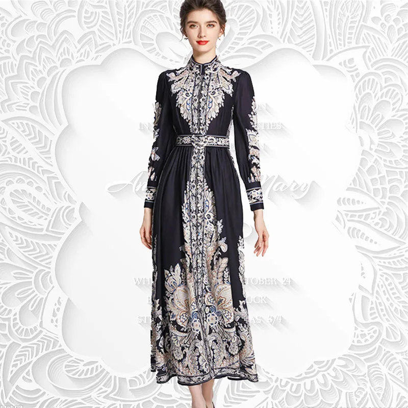 

Spring Summer Women Printing Design Collar Long Sleeve Chiffon Holiday Beach Dress Temperament High Quality Long Dress