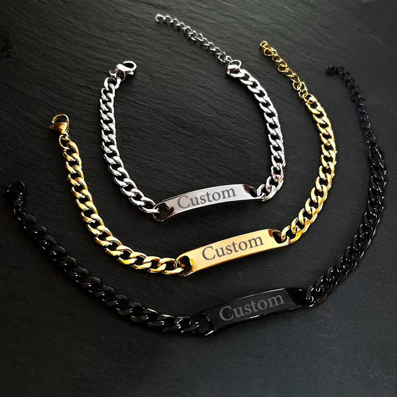 

WLP Stainless Steel Custom Name Letter Words Bar Chain Bracelet Women Men Fashion Adjustable Engraving Name Bangle Jewelry Gift