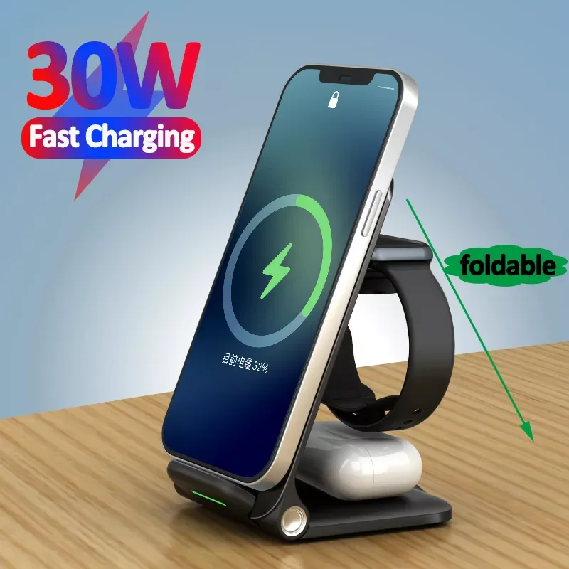 

Free Shipping 30W 3 in 1 Wireless Charger for iPhone 13 12 11 XS Mini Pro iWatch AirPods Qi Fast Charging Dock Station Wireless