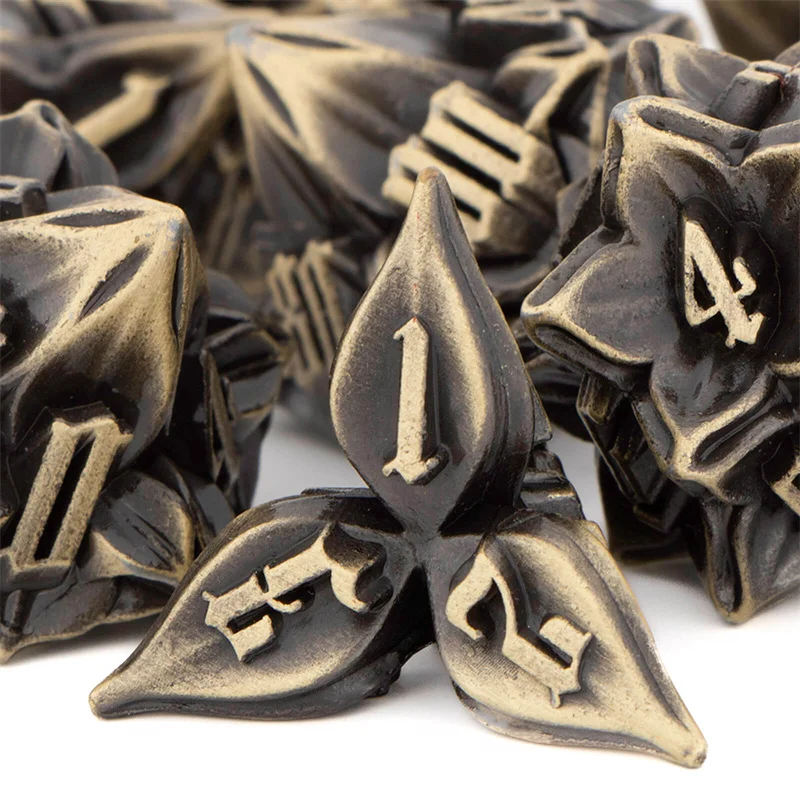 

OUKELANWO 7 Pcs Metal DND Ancient Dice Set Dungeon And Dragon Polyhedral Dice Set Handmade RPG Role Playing Leaf Dice
