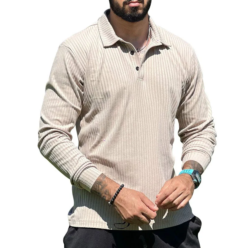 

Vintage Ribbed Solid Color Long Sleeve Polo Shirt For Men Autumn Casual Turn-down Collar Buttoned Pullover Tee Mens Leisure Tops