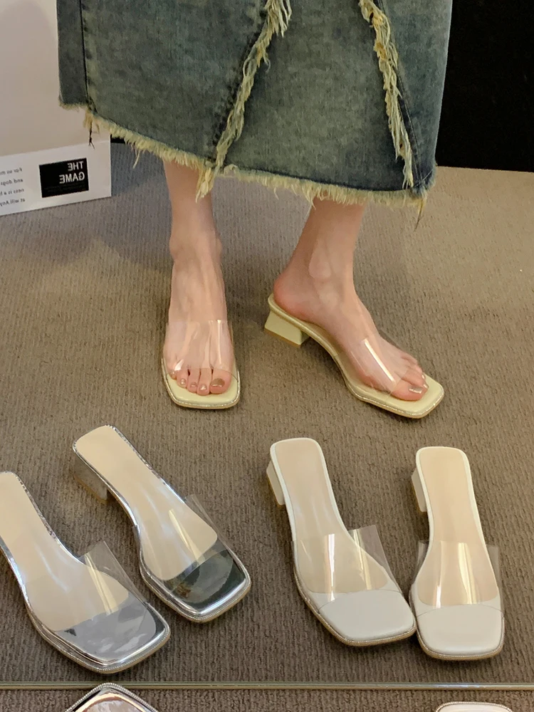 

Square heel Transparent Slippers Shoes Woman 2023 Pantofle Med Luxury Slides Block New Summer Designer Bonded Leather PVC Hoof H