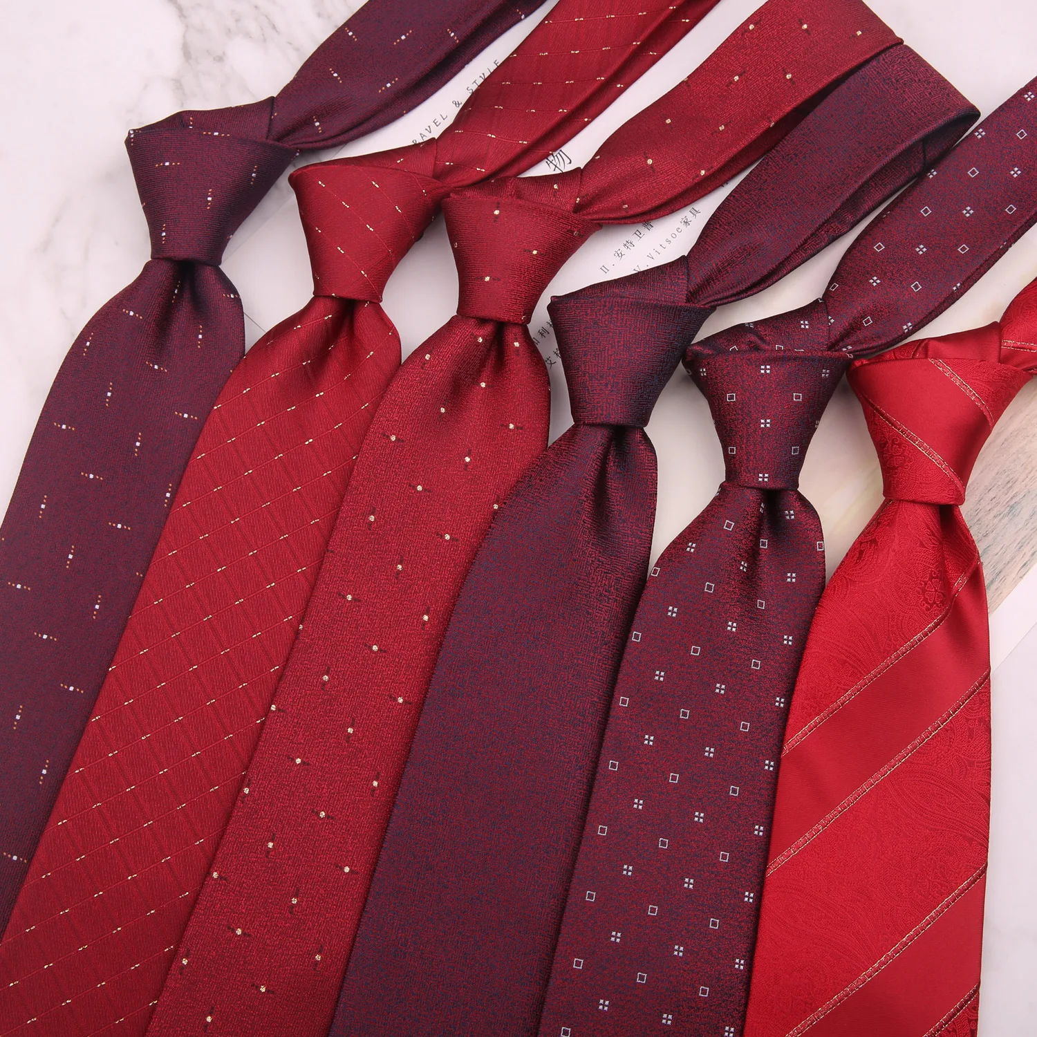 

8CM Red Solid Color Dot Striped Polyester Self-tied Tie Lazy Zipper Necktie for Man Groom Groomsman Wedding Accessories