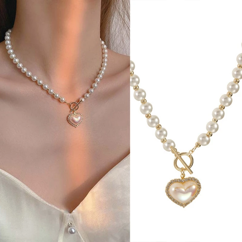 

Korean Elegant Pearl Beads Necklace For Women Ladies Fashion Rhinestone Shell Heart Pendant Necklace Choker Jewelry