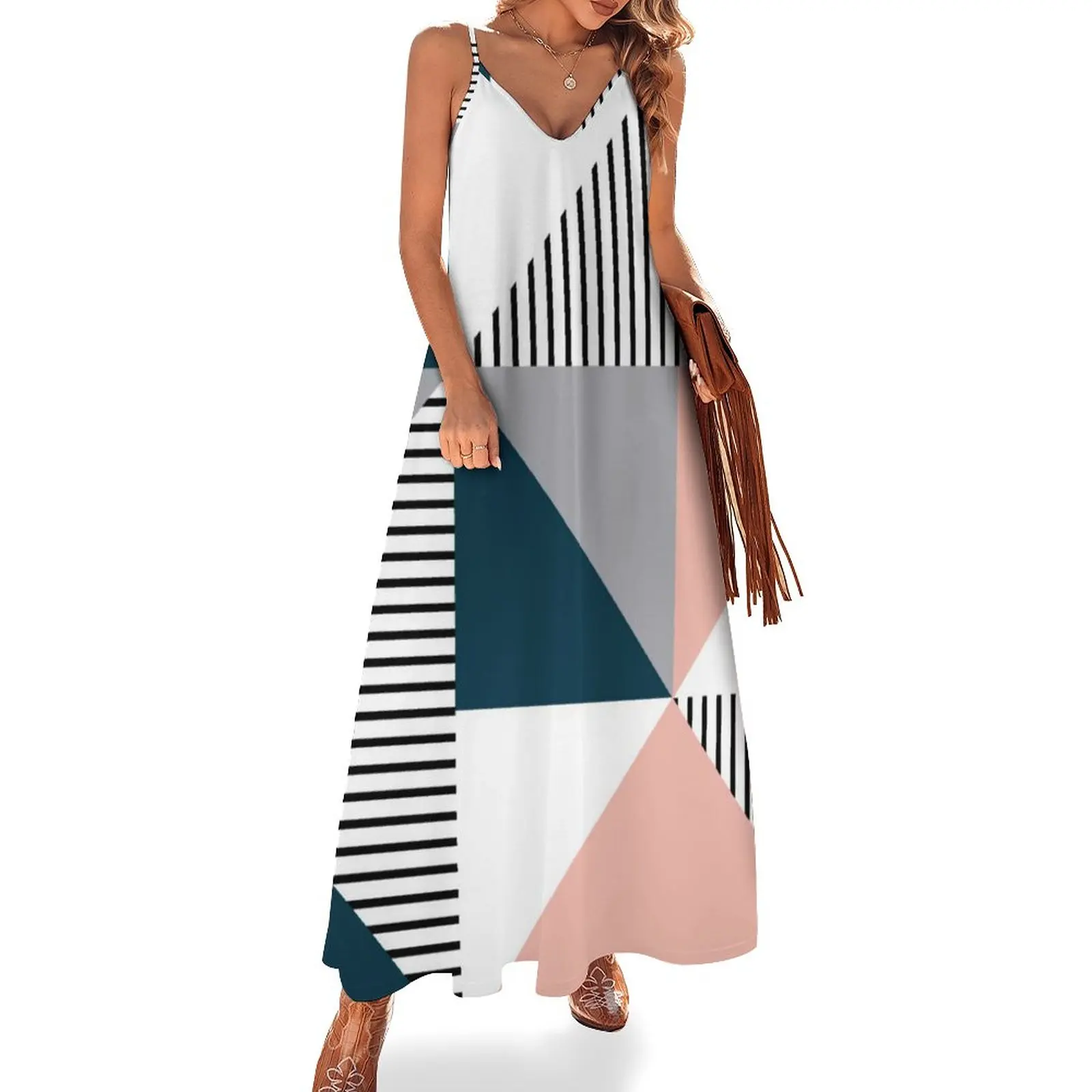 

Nordic Lines Dress Abstract Colorful Geometry Aesthetic Bohemia Long Dresses Summer Vintage Maxi Dress Graphic Vestidos Gift
