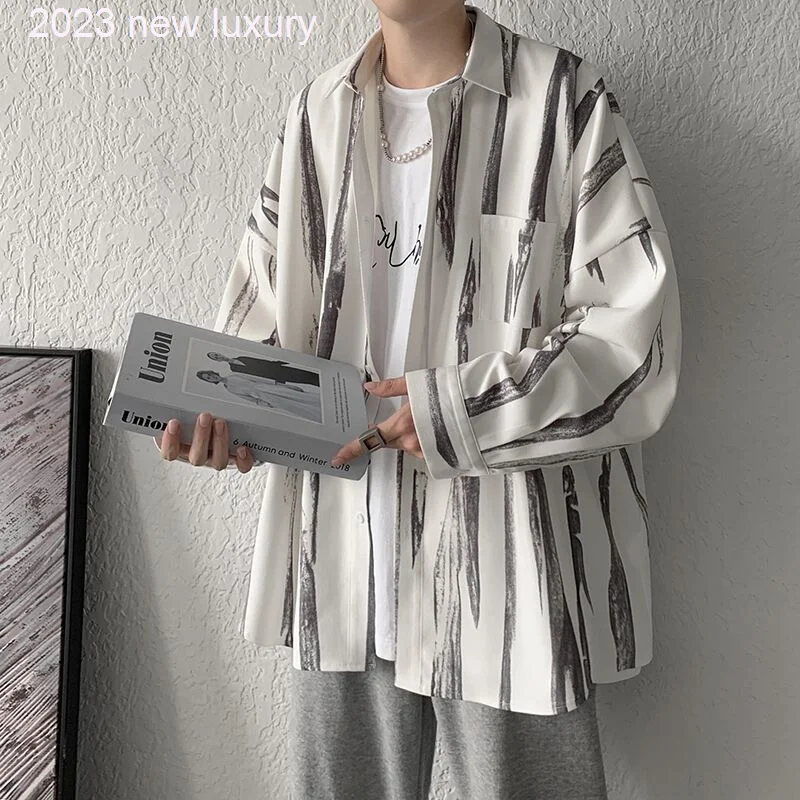 

Shirt 2022 Men Print Square Collar Long Sleeve Shirt Spring Autumn Fashion Casual Loose Stripped High Quality Men's Clothes W22