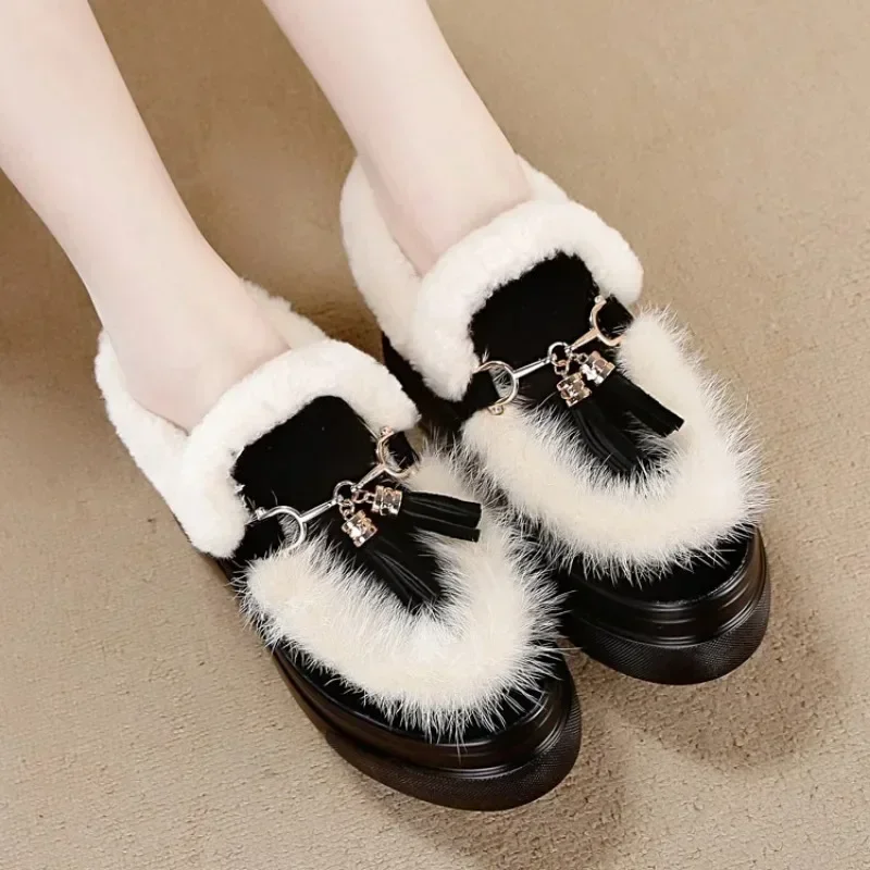 8cm Genuine Leather Women Winter tassels Shoes Platform Sneakers Wedge Heel Warm Fur Long Plush Casual White Fashion Boots
