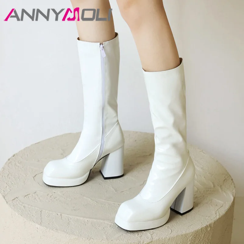 

ANNYMOLI Women Pu Leather Fashion Boots Mid Calf Boots Platform Thick High Heels Sqaure Toe Zipper Sexy Winter Autumn Shoes Red