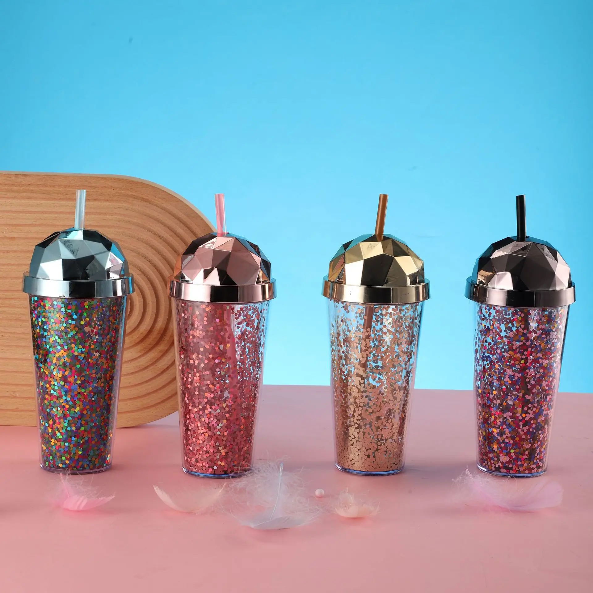 

New Arrival 400ML Paillette Drinking Cup with Straw Plastic Straight Tumbler Double Wall Mug Reusable Cold Cup For Wedding Party