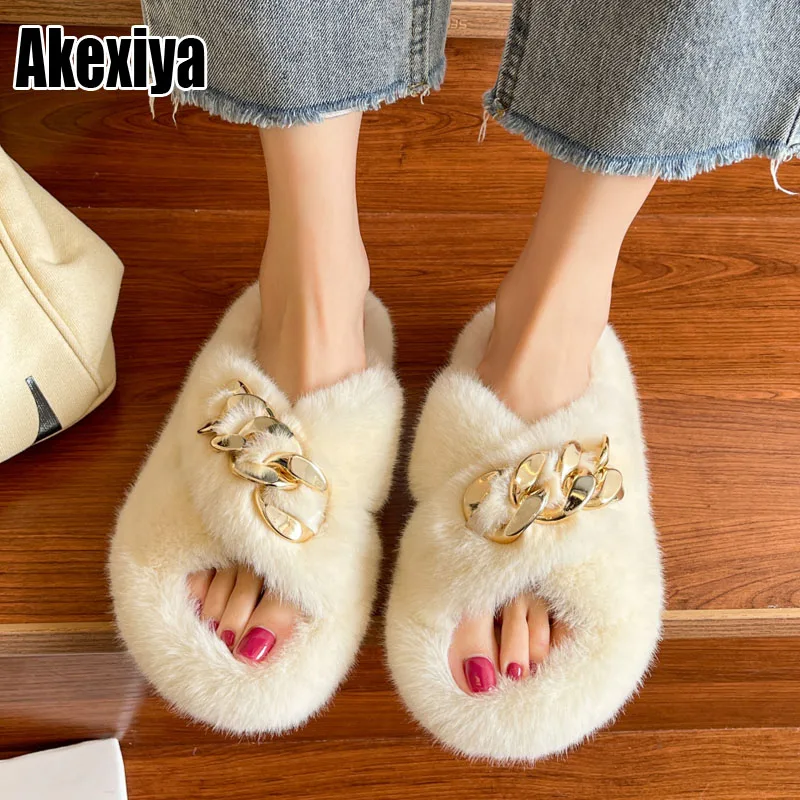 

Fur Slippers Winter Women Faux Fur Fluffy Slides Indoor Designer Flip Flops Luxury With Chain Shoes For Women Warm Flat Slippers
