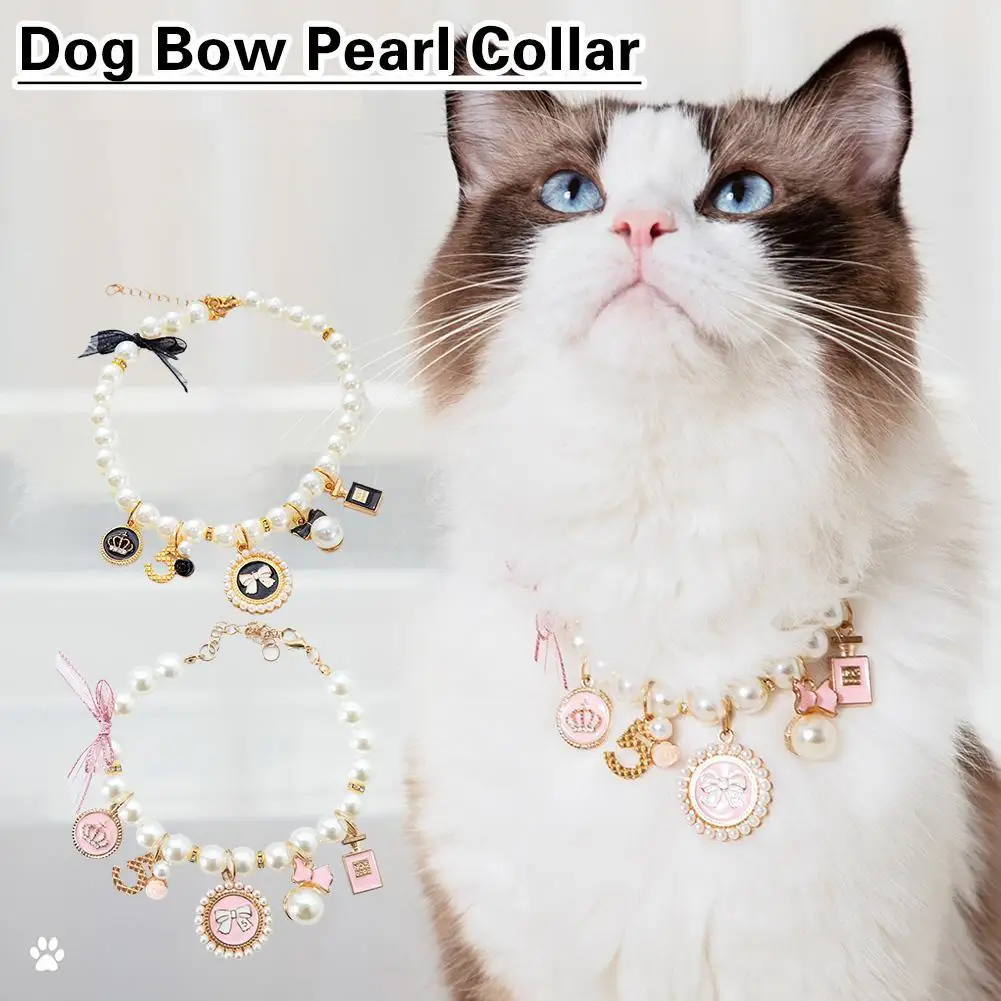 

Pet Bow Adjustable Collar Cat Jewelry Pendant Princess Necklace Dog Pearl Accessories Collar Collar Puppy Rhinestone Y7H8