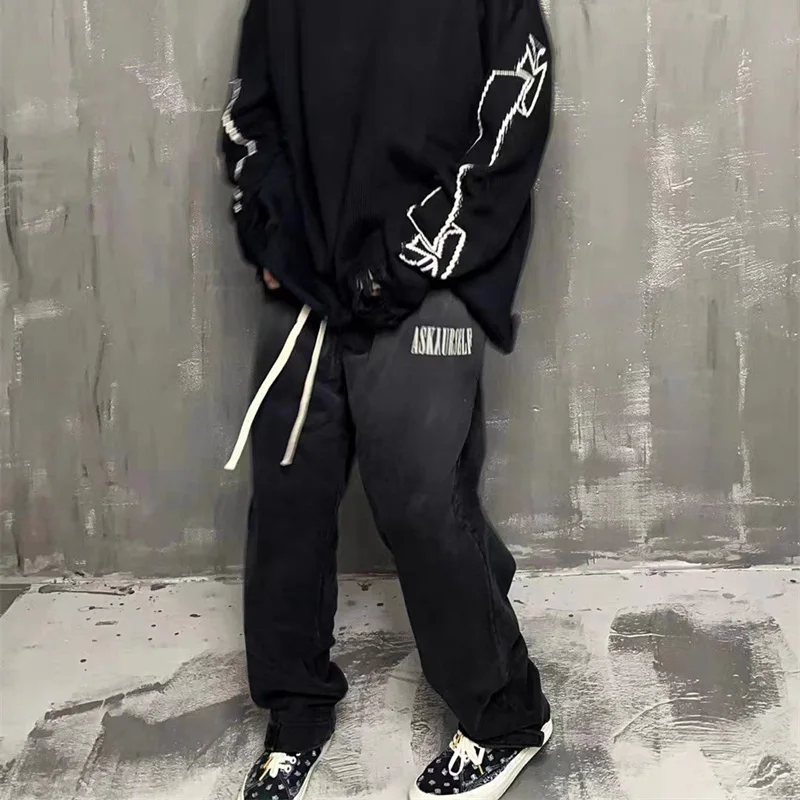 

2023 ASK потертые старые карманы на молнии 1:1 мужские и женские мужские брюки на шнурке черного цвета