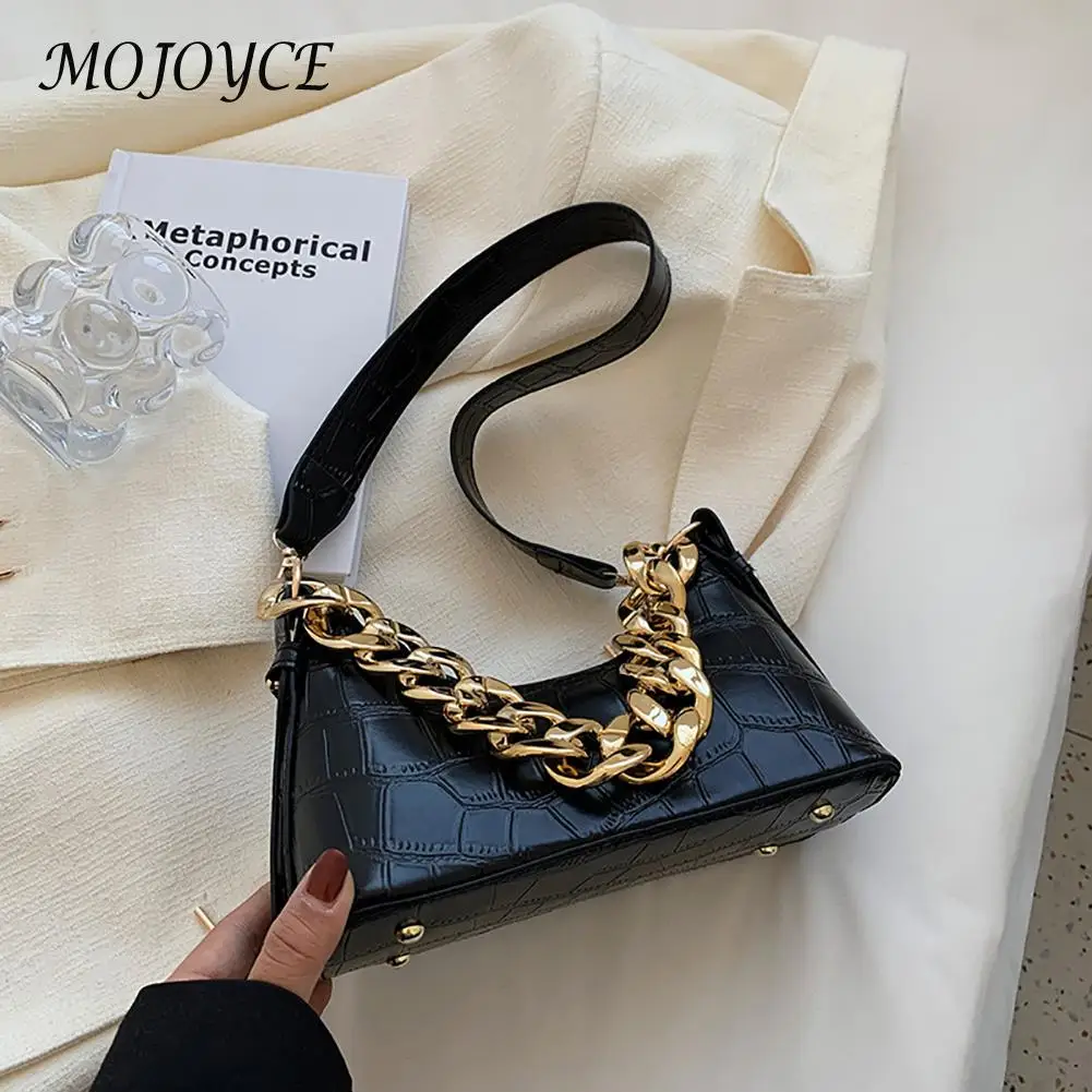 

Fashion Stone Pattern Handbags PU Leather Thick Chain Shoulder Shopping Bag Women Vintage Zipper Solid Ladies Purse Underarm Bag