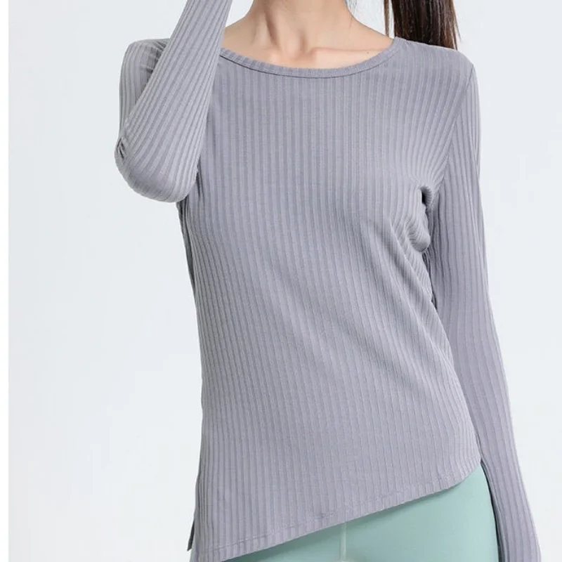 Women's Long-sleeved Ribbed Sports Top Quick Dry Fitness Yoga Irregular Shirts Slim Breathable Round Neck Gym Running Clothing