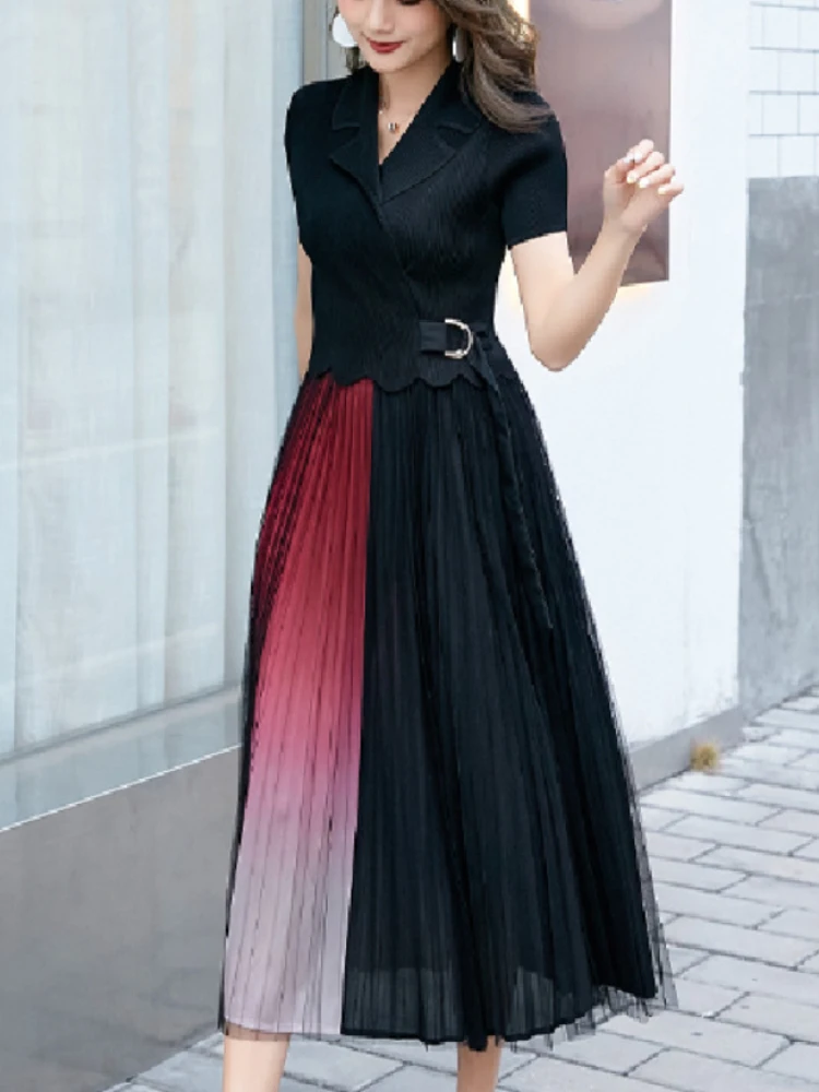 

Женский костюм с лацканами, мягкая плиссированная длинная юбка с коротким рукавом и градиентом, офисная одежда, высокоэластичная плиссированная юбка, новинка на лето