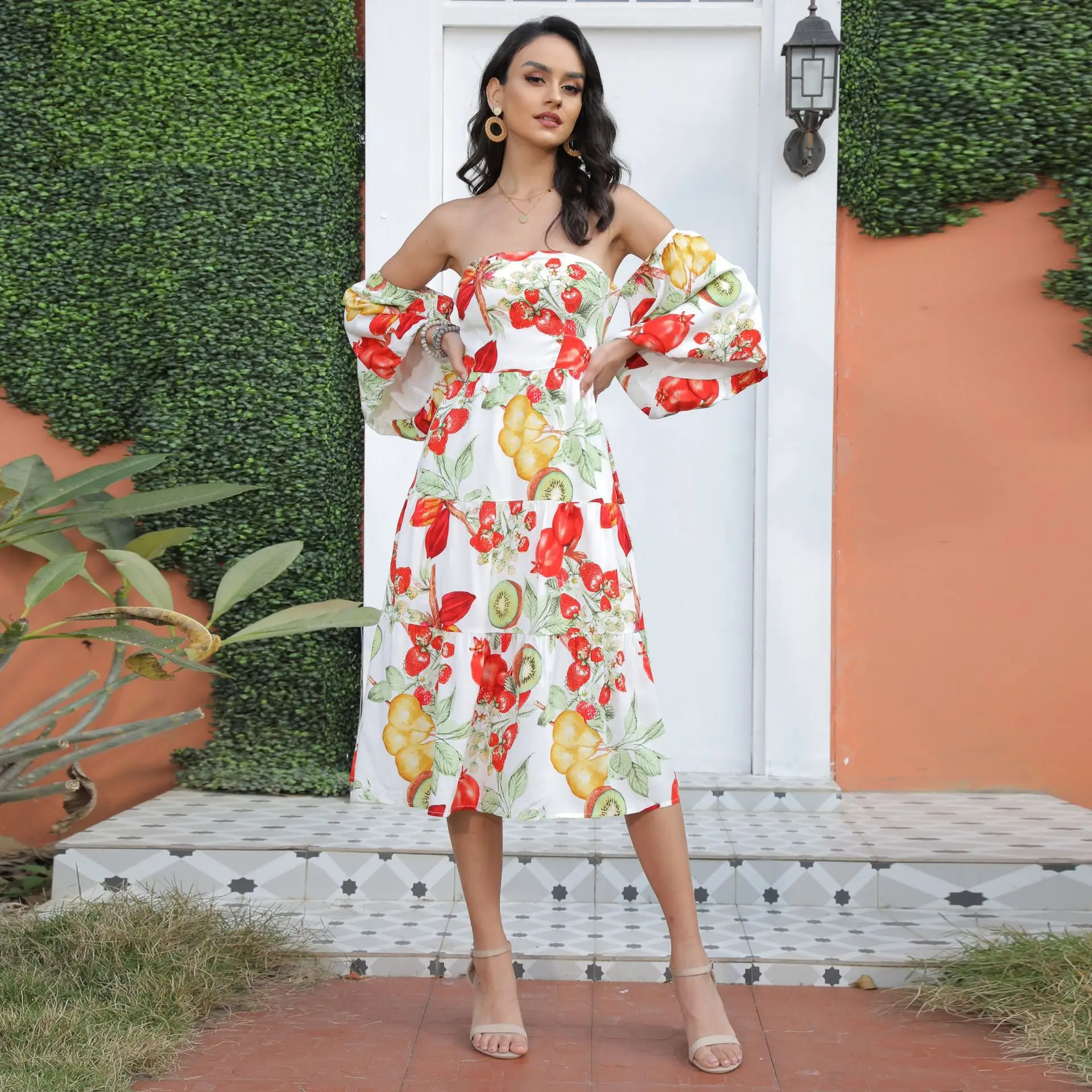 

Mandylandy 2022 Summer Dress Women High Waist Off Shoulder Slash Collar Dress Long Printed Chest-Wrapped Beach Dress Vestidos