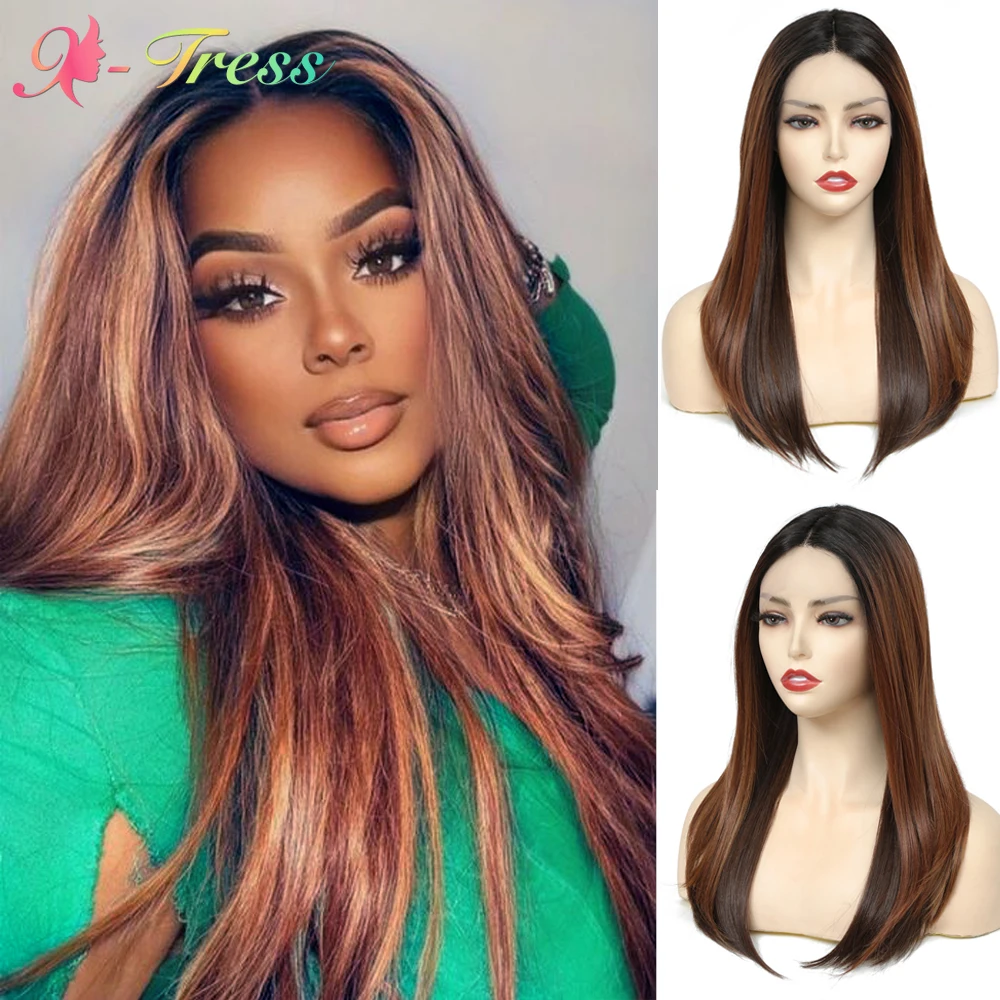 

Ginger Brown Synthetic Ombre Lace Front Wigs for Black Women X-TRESS 20 Inch Yaki Straight Hairstyles Middle Part Swiss Lace Wig