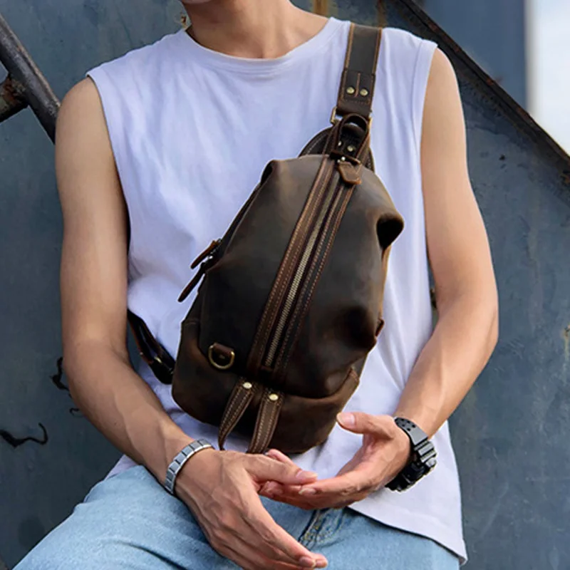 Handmade cowhide chest bag men's casual personality leather Japanese and Korean messenger bag men's trendy crazy horse leather r