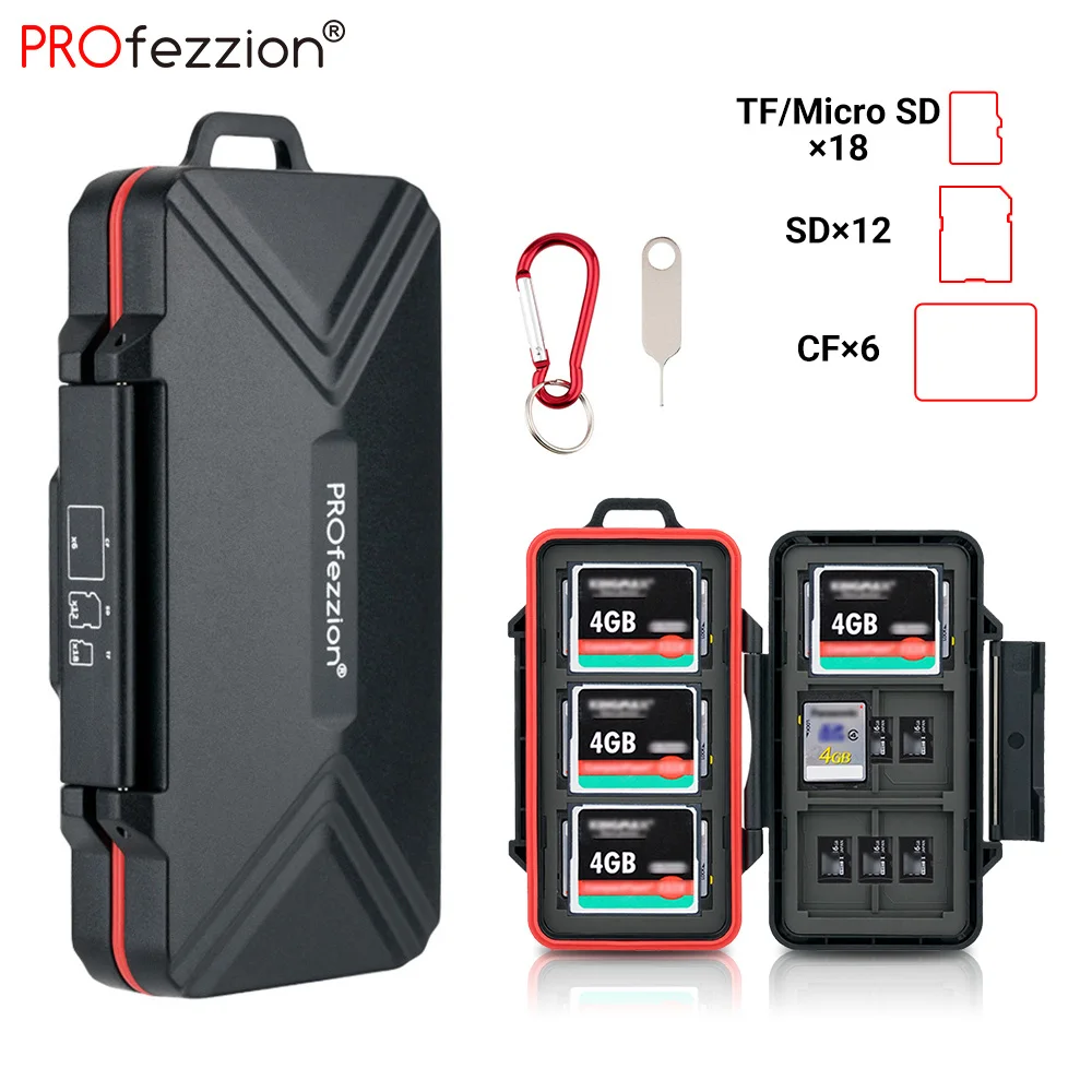 PROfezzion 36 Slots SD Card Case Waterproof CF Micro SD Card Holder Storage Box with Carabiner Memory Card Container Microsd