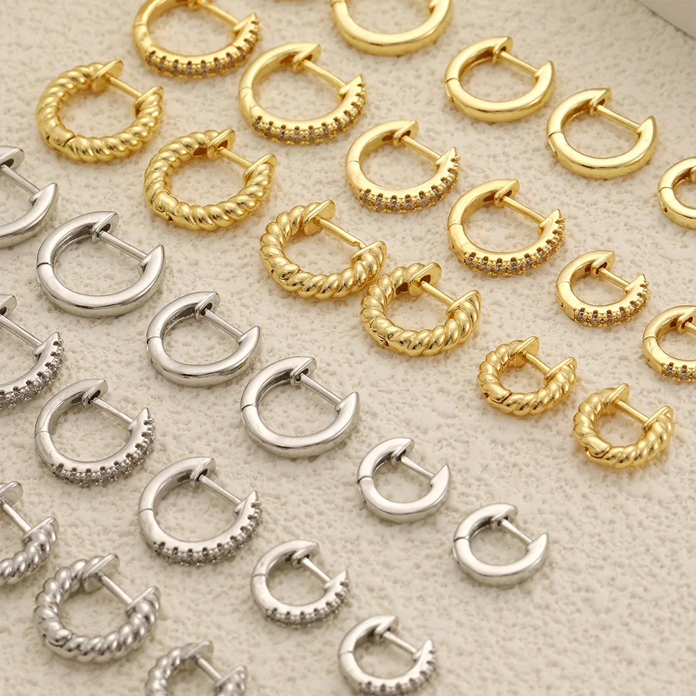 Серьги-кольца женские золотистые с микро-инкрустацией из циркона 12/14/16 мм