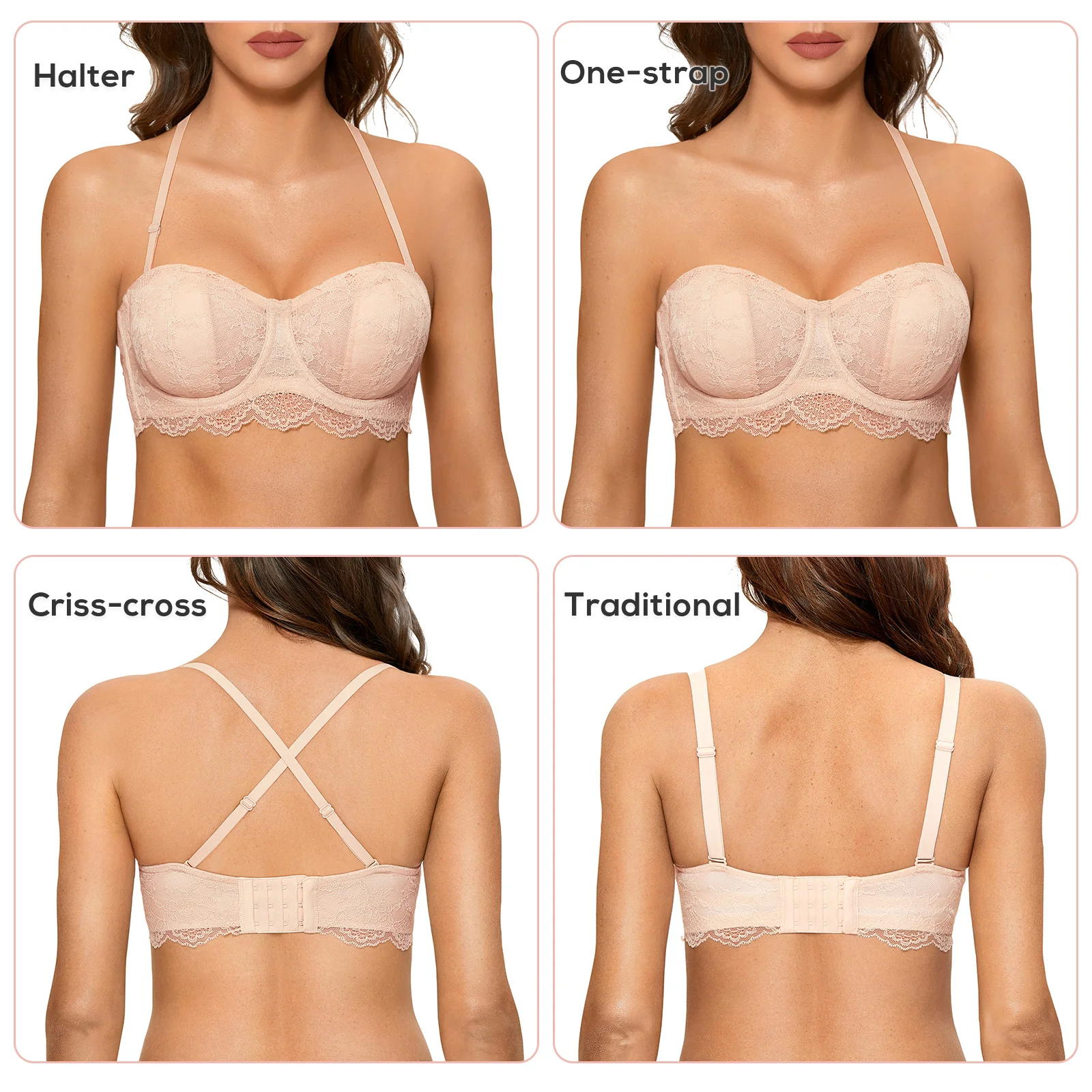 DOBREVA Women's Strapless Lace Bra No Padding Plus Size Sexy Transparent Underwire Partially Lined See Through Bandeau D DD E