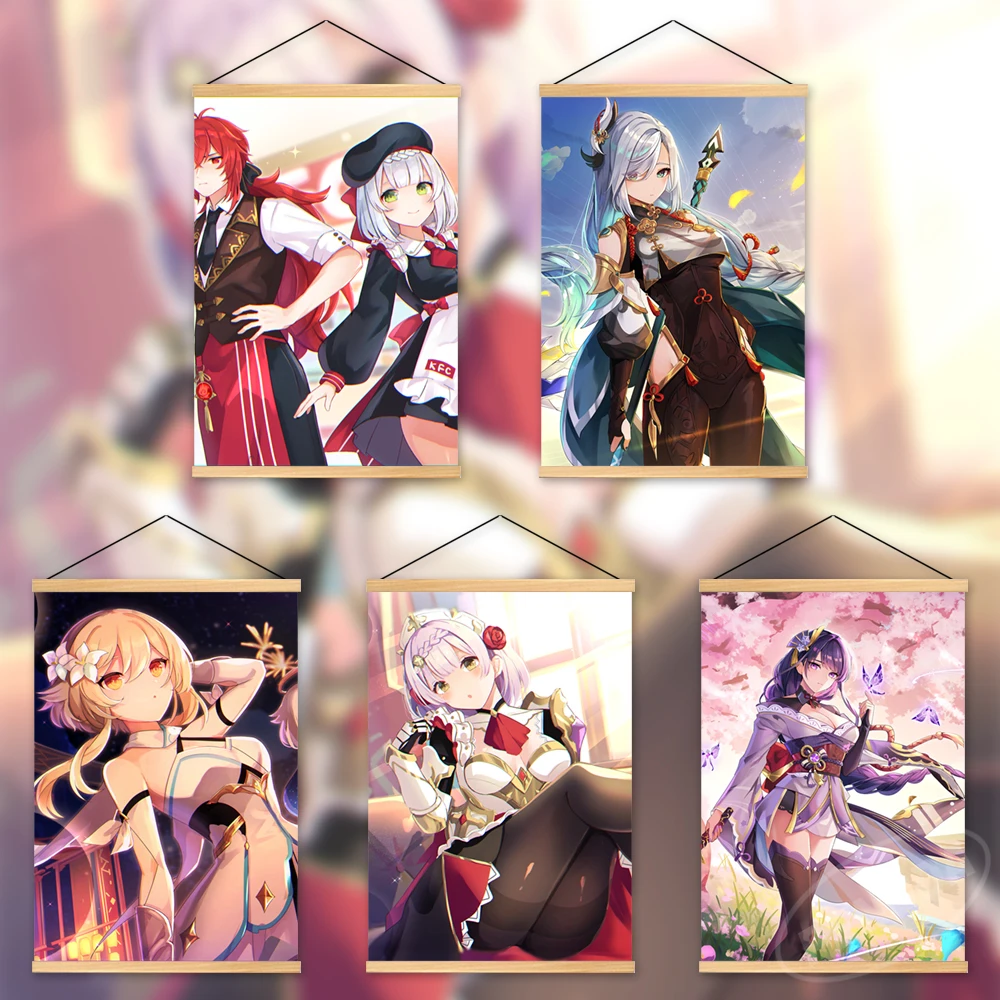 

Genshin Impact Canvas Room Decor Home Game Wall Art Diluc Ragnvindr Prints Wooden Noelle Hanging Painting Poster Modular Picture