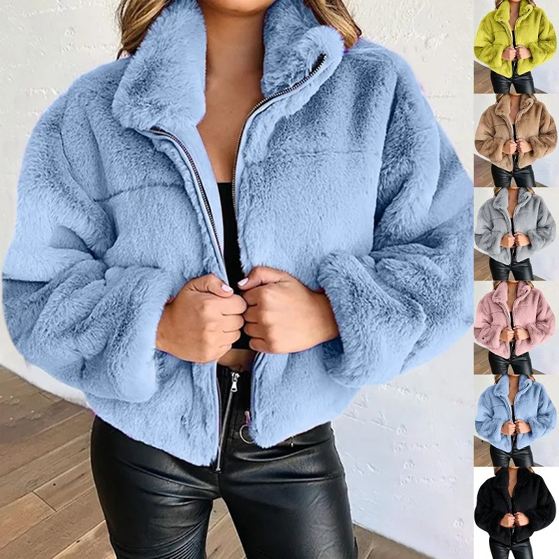 2023 Fashon Plush Warm Coat Women's  Autumn and Winter Rabbit Hair Imitation Fur Zipper Cardigan Coats for Women