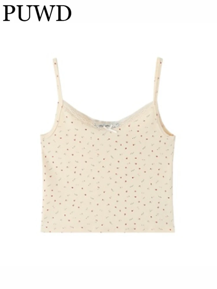 

PUWD Casual Women Beige Bow Floral Backless Lace Suspender 2022 Summer Fashion Ladies Casual Female Knitted Sleeveless Top