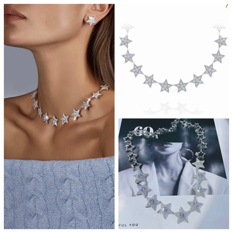 Fashion Cubic Zirconia Sun Star Collar Necklace White Gold Plated Chain Necklace for Women Wedding Jewelry