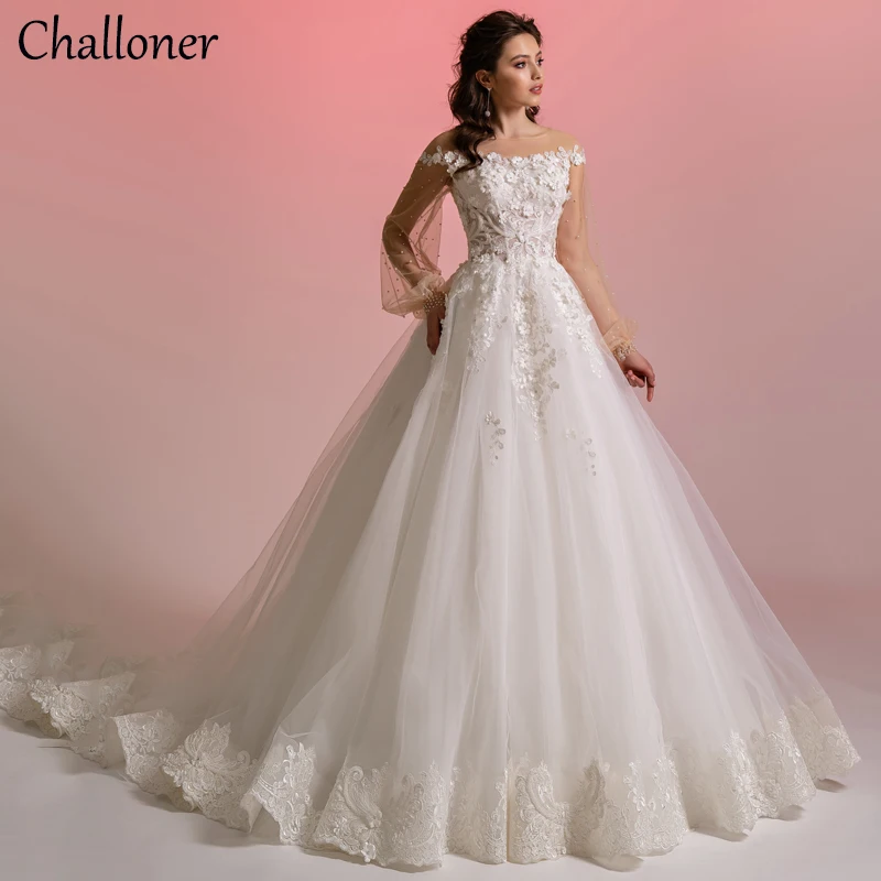 Купи Challoner Modern Scoop Neck Puff Sleeves Wedding Dress Lace Appliques Beaded Pearls Vestidos De Noiva Elegant Bridal Ball Gown за 9,168 рублей в магазине AliExpress