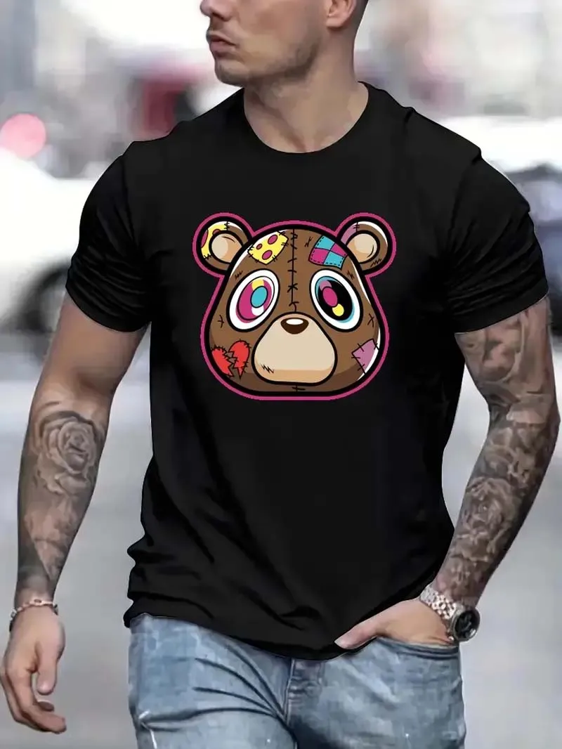

Стильная мужская футболка средней длины с рисунком медведя из мультфильма, графическая футболка, мужская летняя одежда, мужские наряды
