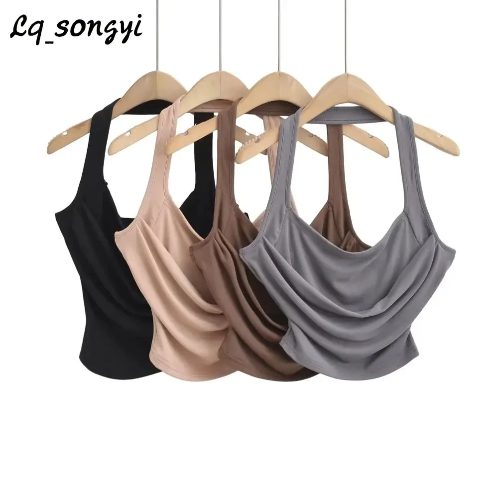 

Майка женская трикотажная без рукавов, пикантный жилет с открытой спиной, повседневный однотонный базовый топ со складками, на лето