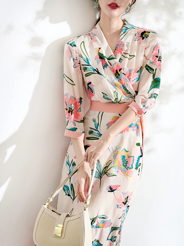 

QINGZIYOU Summer Silk Dress рубашка-рубашка с хризантемой, юбка с лацканами, дизайнерское платье с принтом ромашки, контрастный пояс, летнее шелковое пл...