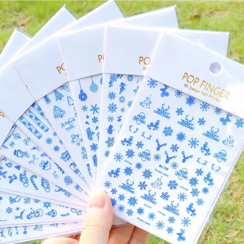 

1Sheet Blue Christmas Pattern Nail Art Stickers Mixed Shape Snowflakes Nail Decals Multi-Design Elk Nail Decorations Accessories