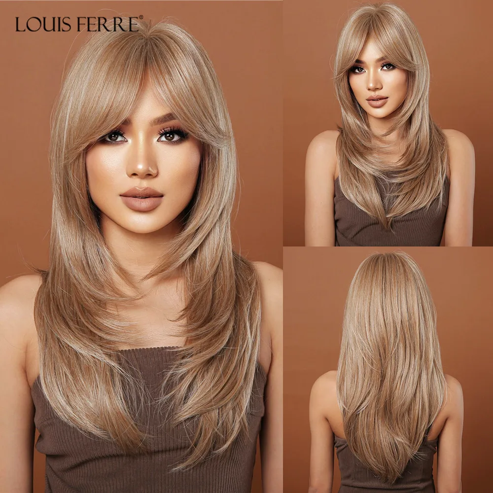

LOUIS FERRE Long Blonde Layered Synthetic Wigs With Curtain Bangs Light Blonde Straight Wig Natural Women Wavy Hair Daily Party