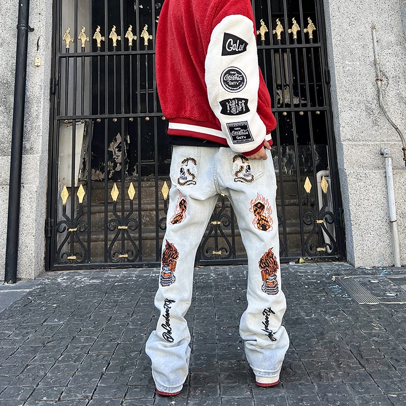 Men's Skull Jeans Man Pants Hip Hop Vintage Flared Embroidered Woman Y2k Trendyol Trousers Skeleton Streetwear Slim Jean