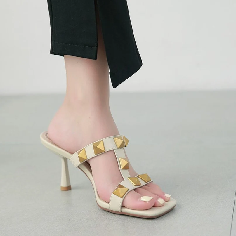 

High Heel Slippers 2022 Summer Fashion Open Toe Rivets Fish Mouth Stiletto Fashion Shoes Shallow Mouth Luxury Designer Sandals