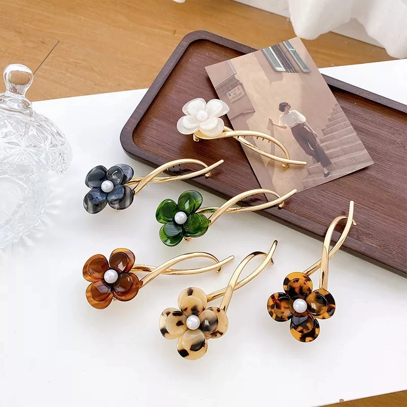 

New Korean Fashion Pearl Hairpin Flower Alloy Hairfork Retro High Quality Acetic Acid Temperament Ponytail Hair Accessories
