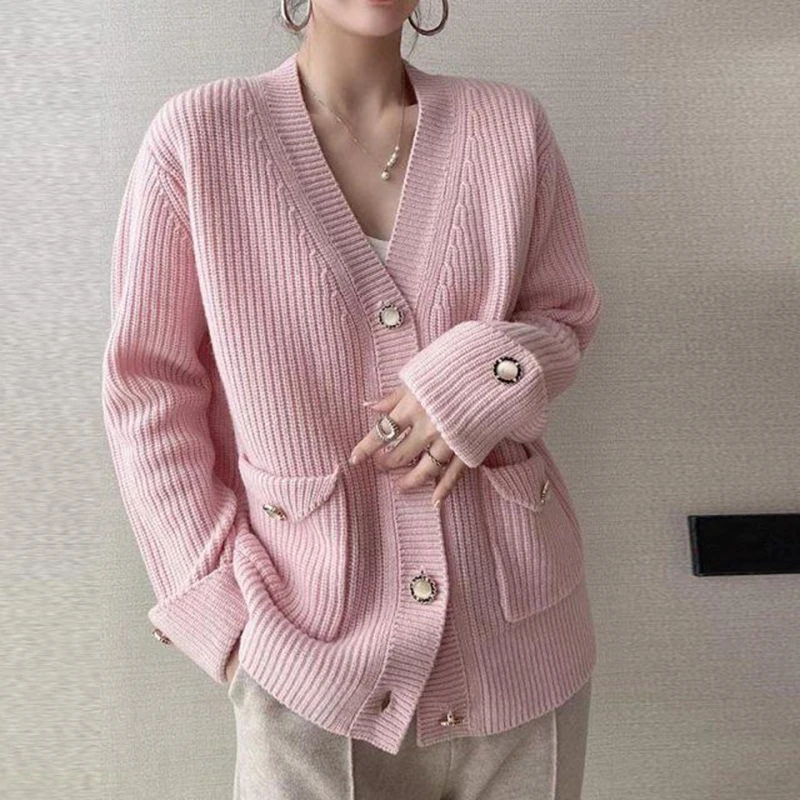 

Gidyq Winter Women Cardigan Sweater Korean Fashion All Match Pocket Loose Knitted Coats Female Casual Big Button Warm Jacket New