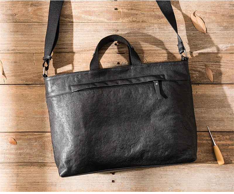Business casual luxury natural genuine leather men's black briefcase outdoor travel real cowhide work shoulder messenger bag
