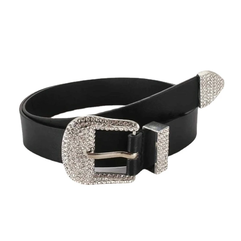

Rhinestone Buckle Belts Women Faux Leather Western Y2K Girls Belt for Jeans Men L5YB