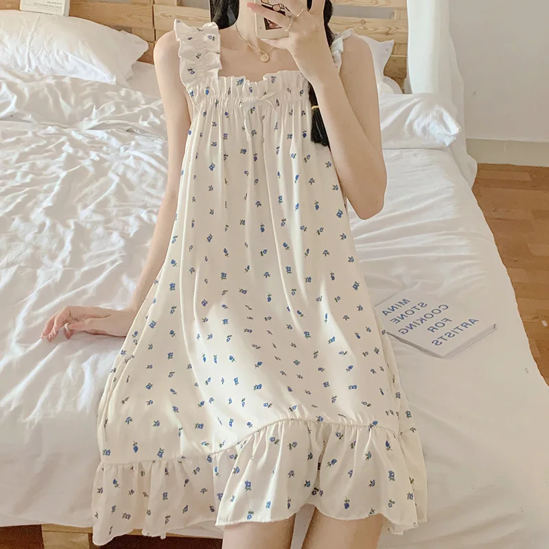 

Cute Floral Printed Nightgown Summer Satin Strap Night Dress Women Sexy Square Collar Lingerie Sleepwear Casual Home Dresses