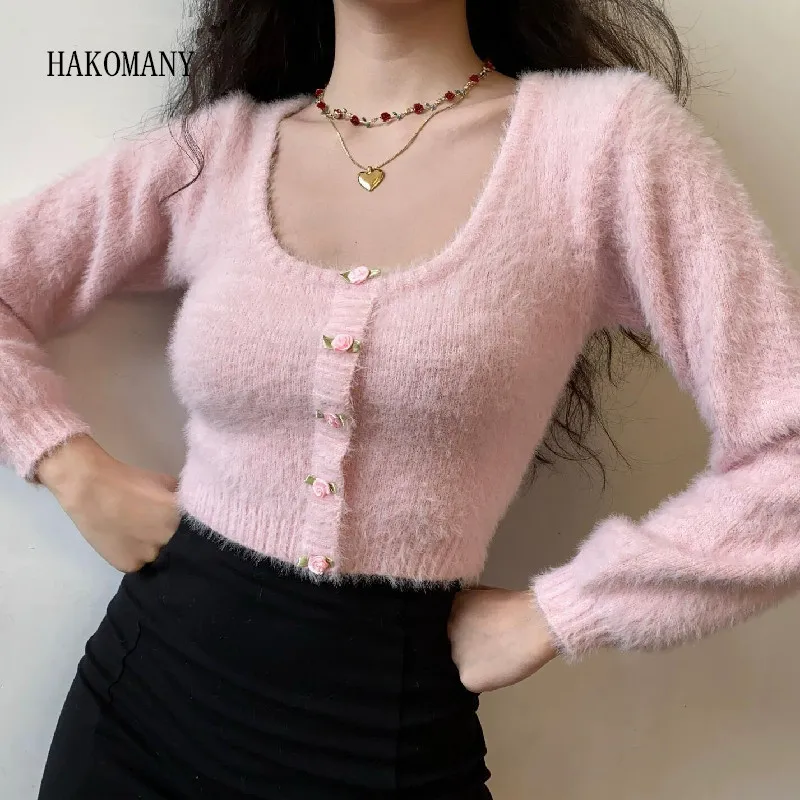 

Women Round collar Single-breasted Sweater Full sleeve Short Jumper Autumn French Shaggy Flower Buttons Knitting Crop Cardigan