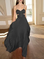 2022 elegant solid high waist long pleated a line dress sexy hollow out maxi dress vestido fashion chest wrap sling draped dress