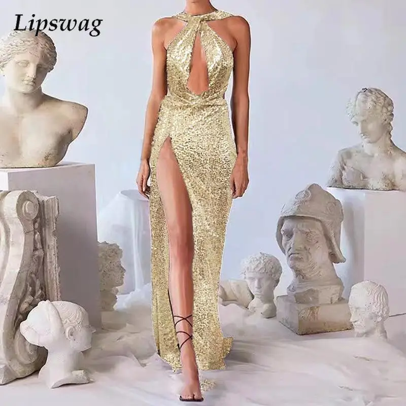 

Модное однотонное длинное вечернее платье с круглым вырезом и блестками, женское привлекательное облегающее платье без рукавов с высоким р...