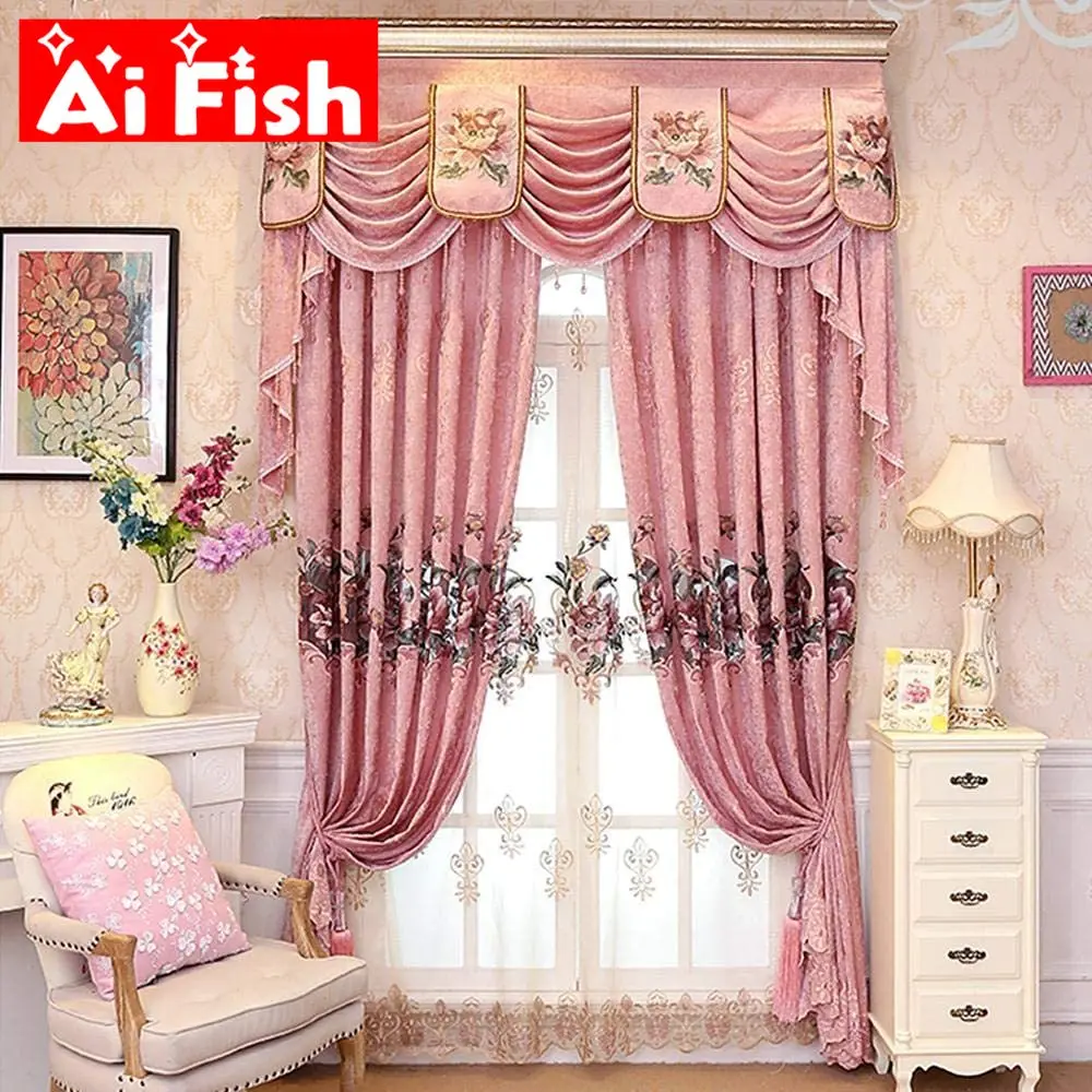 

Pink Chenille Floral Embroidery Curtains for Living Room European Luxury Customized Waterfall Valance Beaded for Bedroom Drapes