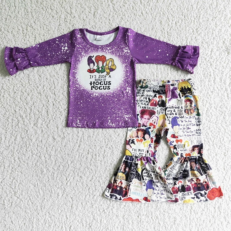 

Children clothing girls halloween cartoon shirt with bell bottom pants two piece set boutique purple little girls clothes